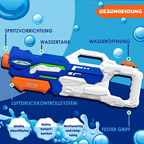 KESSER® Wasserpistole 2er Set - Spritzpistolen für Strandspaß mit 10-11 Meter Reichweite, 1500ml Fassungsvermögen, Schwa