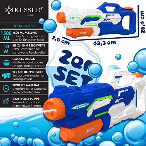 KESSER® Wasserpistole 2er Set - Spritzpistolen für Strandspaß mit 10-11 Meter Reichweite, 1500ml Fassungsvermögen, Schwa