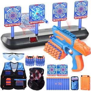 JONRRYIN Zielscheibe Spielzeug Pistole mit 4 Elektrischen Zielen, 70 Schaum Darts, Licht & Sound - Taktisches Spielzeug